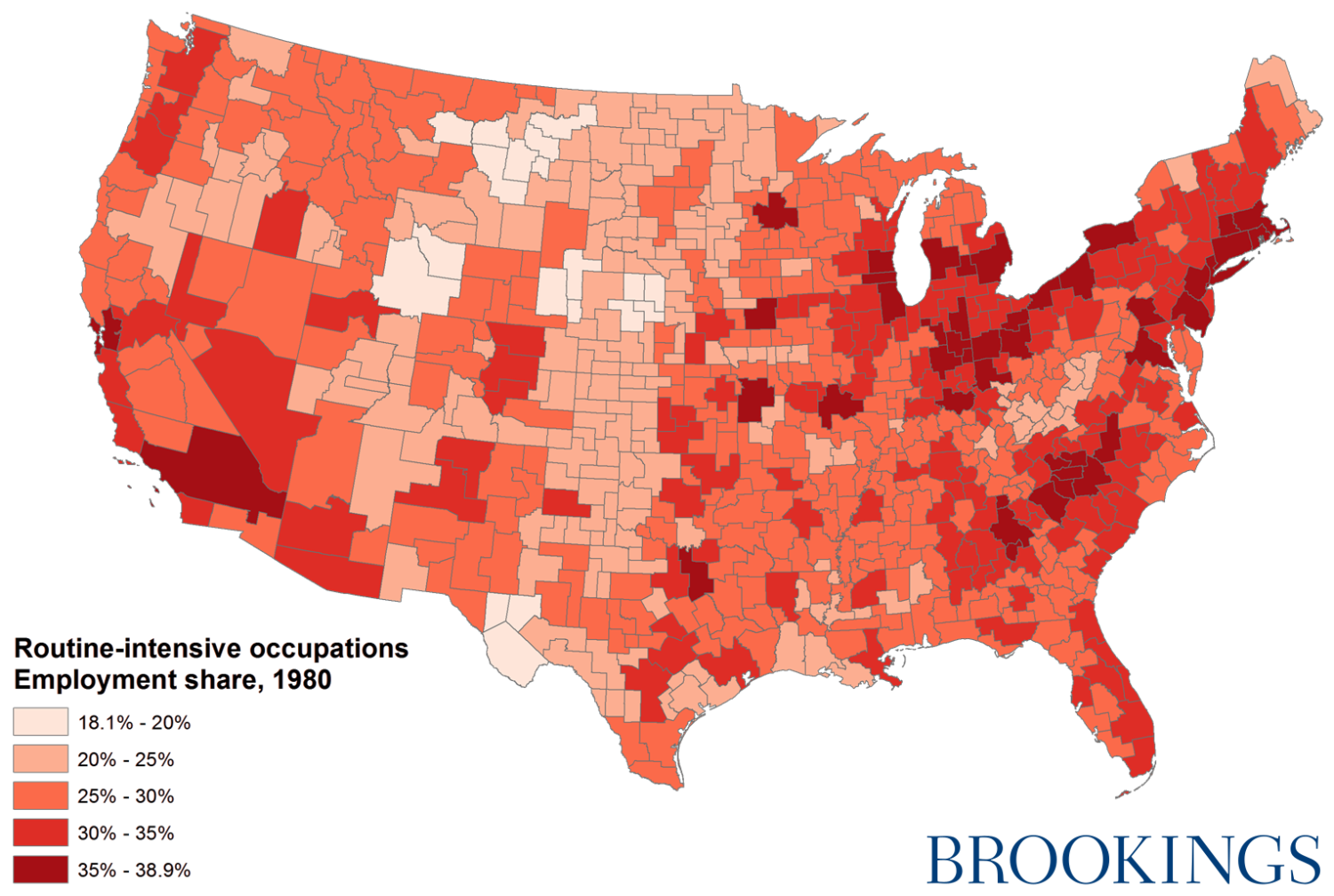 Routine share of employment by commuting zone, 1980