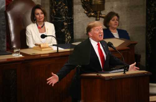 Speaker of the House Nancy Pelosi (D-CA) watches as U.S. President Donald Trump delivers his second State of the Union address to a joint session of the U.S. Congress in the House Chamber of the U.S. Capitol on Capitol Hill in Washington, U.S. February 5, 2019. REUTERS/Leah Millis - HP1EF2606ZF36