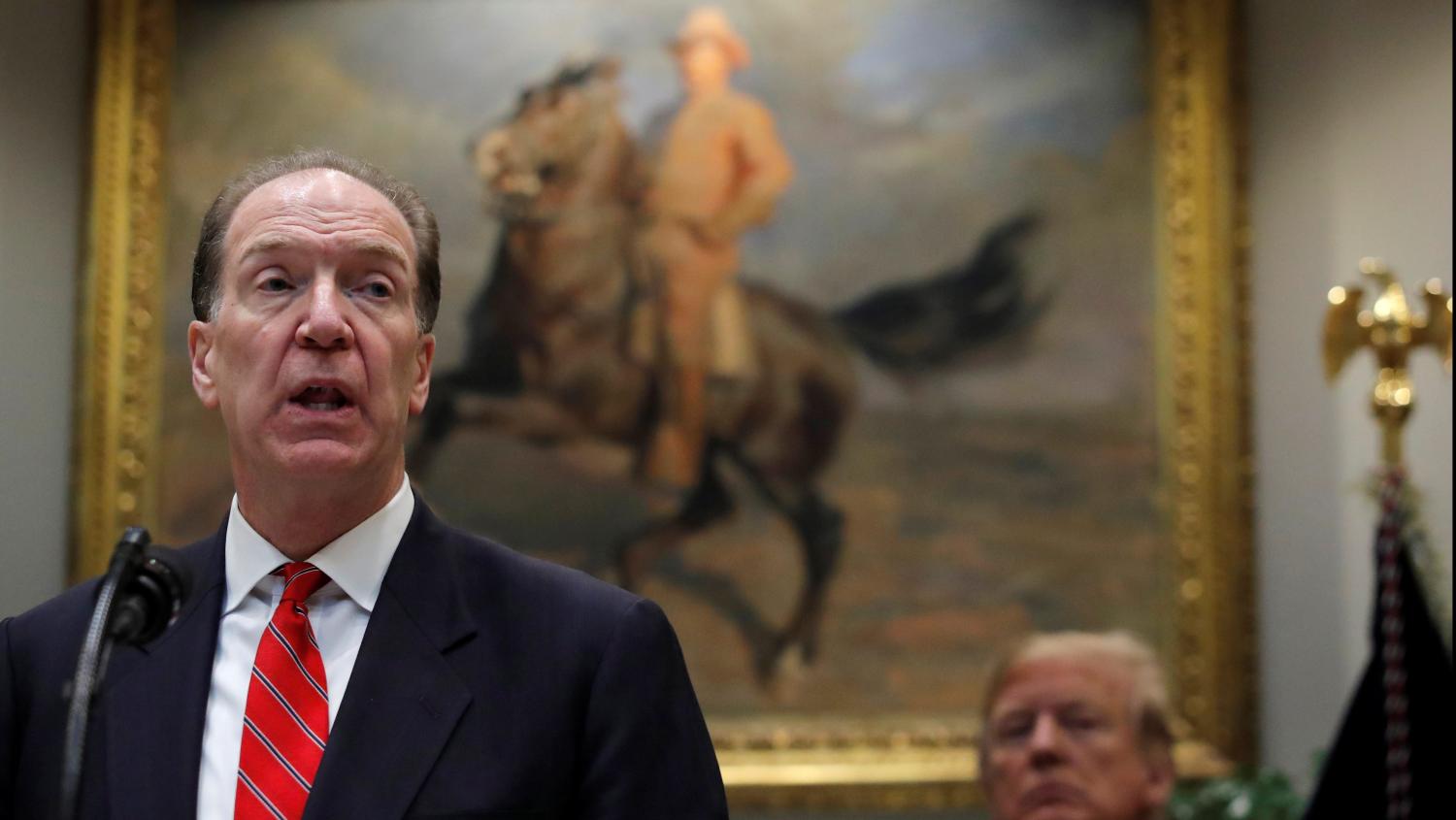 U.S. candidate in election for the next President of the World Bank David Malpass speaks at an event with U.S. President Donald Trump.