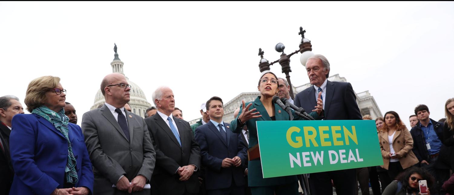 U.S. Representative Alexandria Ocasio-Cortez (D-NY) and Senator Ed Markey (D-MA) hold a news conference for their proposed "Green New Deal" to achieve net-zero greenhouse gas emissions in 10 years, at the U.S. Capitol in Washington, U.S. February 7, 2019.  REUTERS/Jonathan Ernst - RC1FD2ED6050
