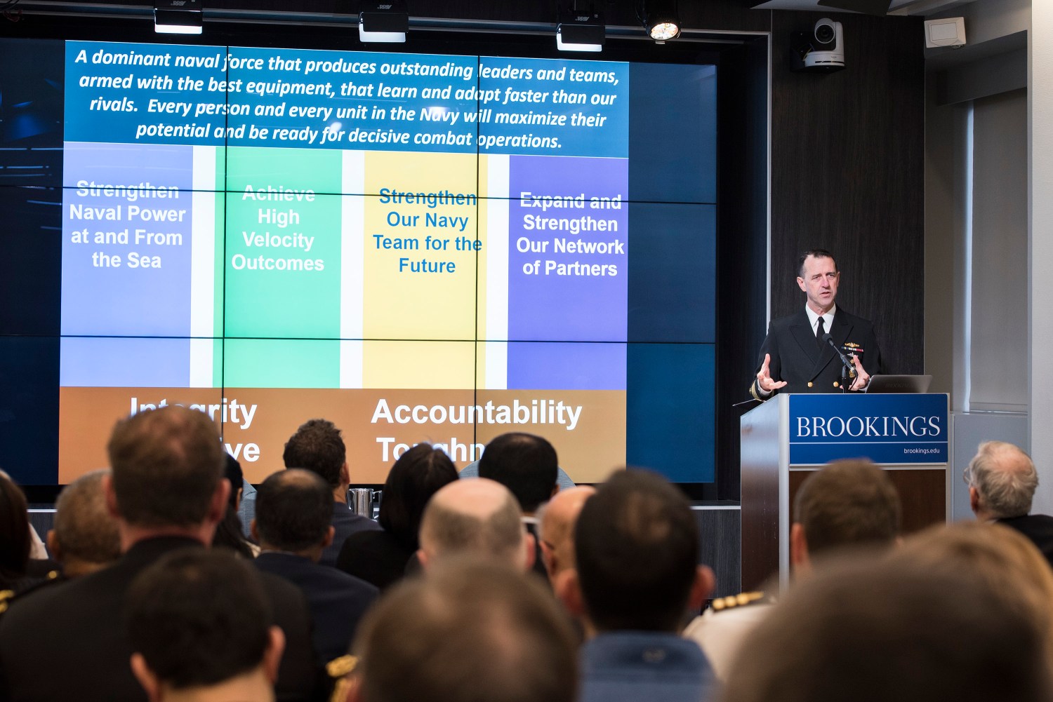 190128-N-BB269-0048 WASHINGTON (Jan. 28, 2019) Chief of Naval Operations (CNO) Adm. John Richardson delivers remarks during a discussion held at the Brookings Institution. Richardson discussed the U.S. NavyÕs recently released document, ÒA Design for Maintaining Maritime Superiority, Version 2.0Ó and answered questions from the audience. (U.S. Navy photo by Mass Communication Specialist 1st Class Raymond D. Diaz III/Released)