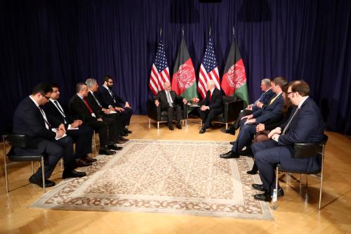 Afghanistan's President Ashraf Ghani and U.S. Vice President Mike Pence attend a meeting during the annual Munich Security Conference in Munich, Germany February 16, 2019. REUTERS/Michael Dalder - RC138C945240