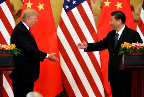 U.S. President Donald Trump and China's President Xi Jinping make joint statements at the Great Hall of the People in Beijing, China, November 9, 2017. REUTERS/Jonathan Ernst - RC16EDA92520