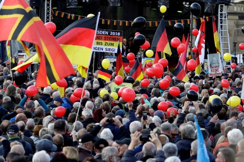 Supporters of the anti-Islam movement PEGIDA (Patriotic Europeans Against the Islamisation of the West) attend a demonstration in Dresden, Germany, October 21, 2018. REUTERS/David W. Cerny - RC126AC48970