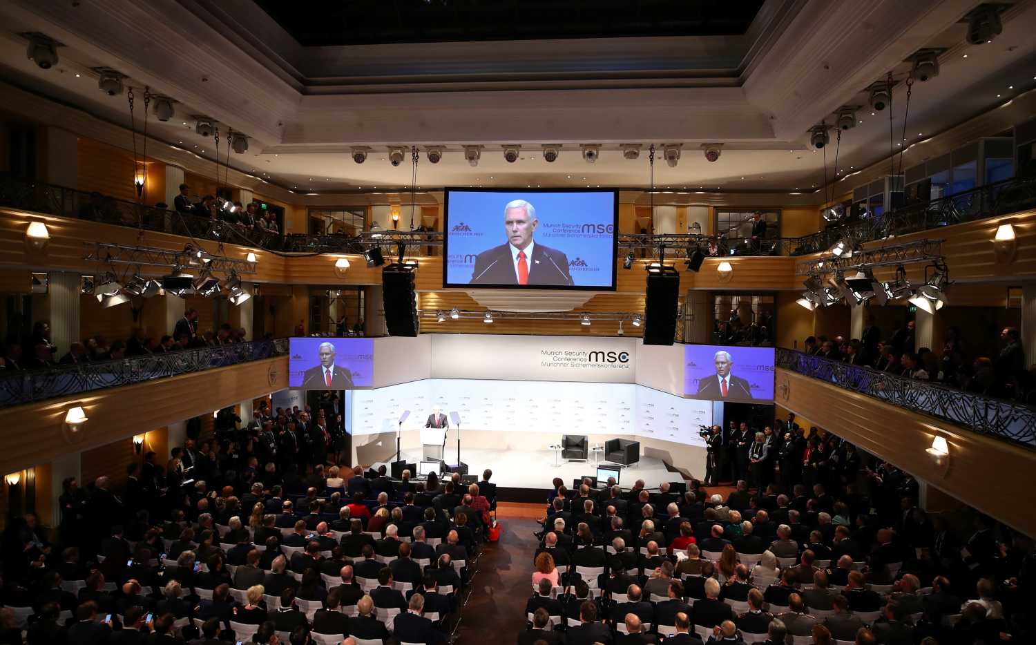 U.S. Vice President Mike Pence speaks during the annual Munich Security Conference in Munich, Germany February 16, 2019. REUTERS/Michael Dalder - RC1575A4D000