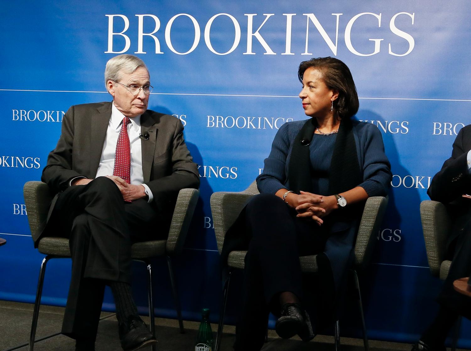 Former National Security Advisors Stephen Hadley and Susan Rice participate in a "fireside chat" on U.S.-China relations at the Brookings Institution on October 30, 2018.