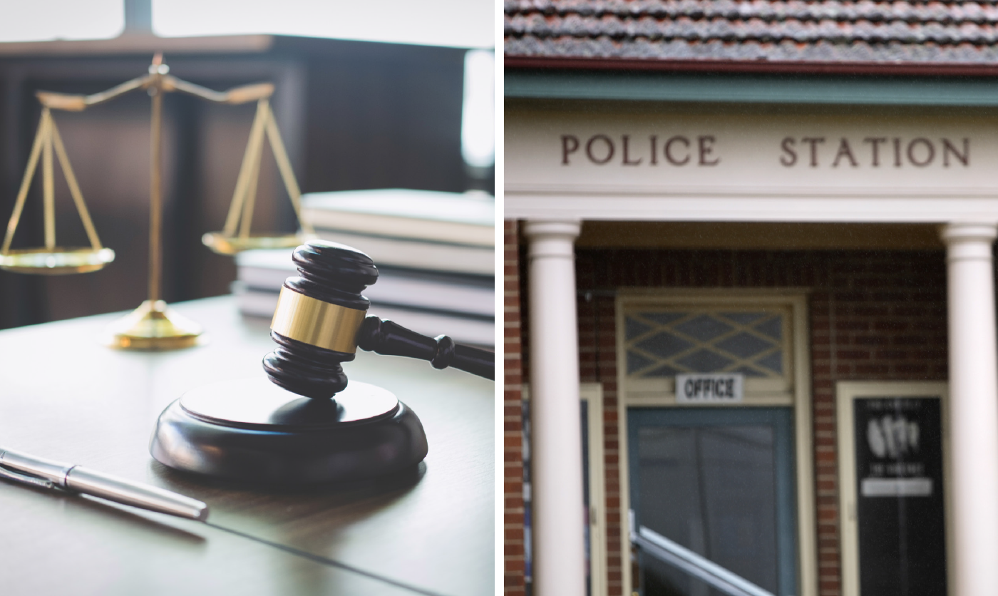 Gavel and scales of justice, police station