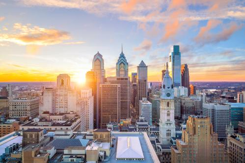 Skyline of downtown Philadelphia at sunset USA