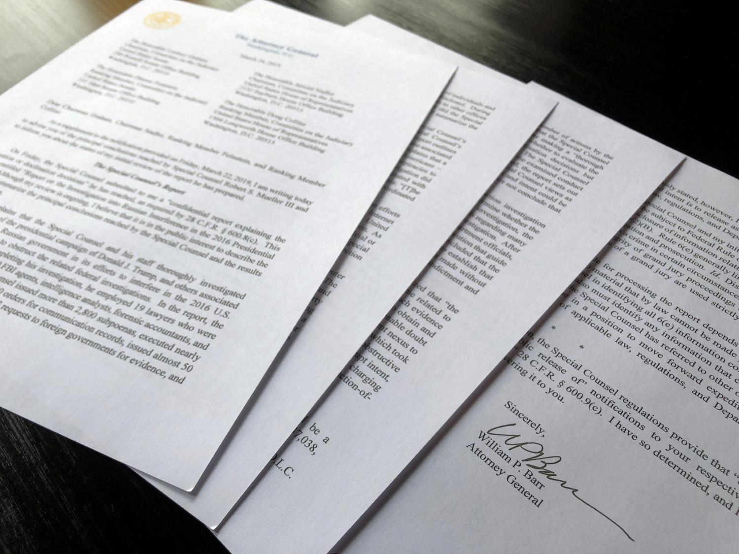 U.S. Attorney General William Barr's signature is seen at the end of his four page letter to U.S. congressional leaders on the conclusions of Special Counsel Robert Mueller's report on Russian meddling in the 2016 election after the letter was released by the House Judiciary Committee in Washington, U.S. March 24, 2019. REUTERS/Jim Bourg     TPX IMAGES OF THE DAY - RC1B4EB05810