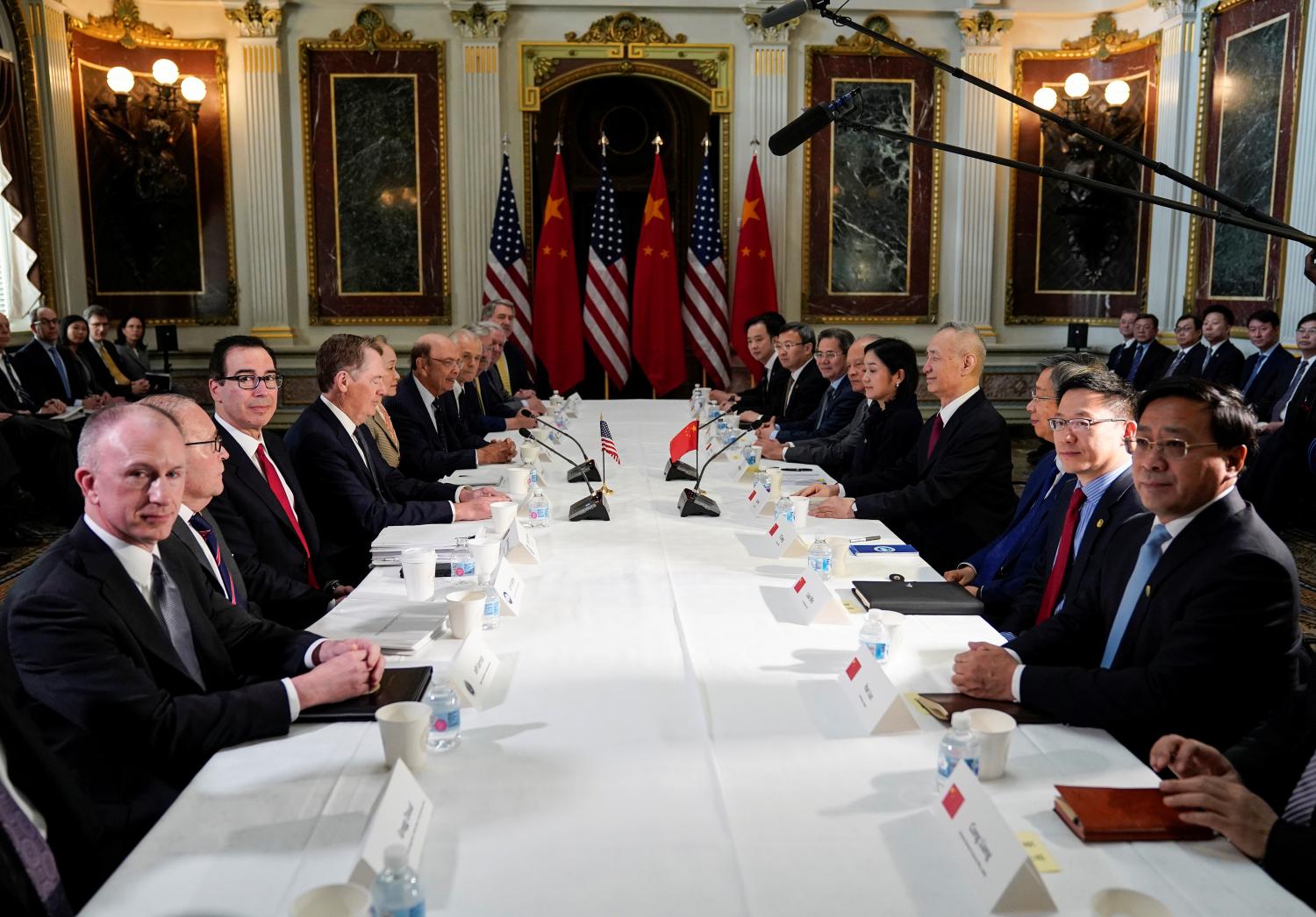 U.S.-China trade delegations hold trade talks at the White House in Washington.