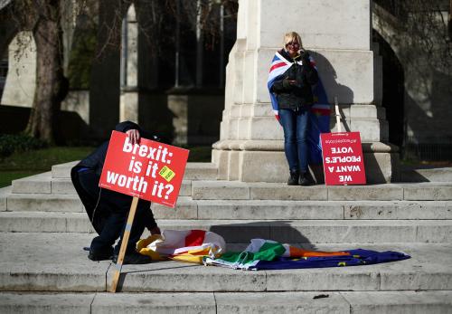 Anti-Brexit demonstrators protest outside the Houses of Parliament, in Westminster, London, Britain March 4, 2019. REUTERS/Hannah McKay - RC119C32DD50