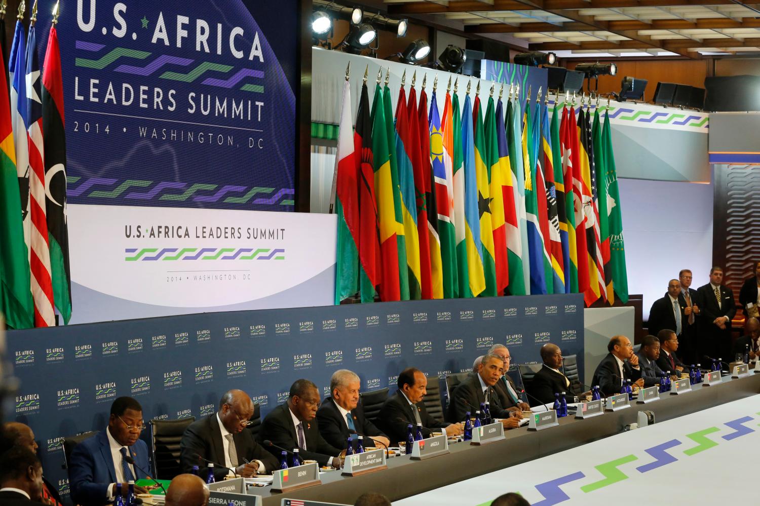 U.S. President Barack Obama (C) delivers opening remarks to more than 50 fifty leaders gathered for the U.S.-Africa Leaders Summit Session One on 'Investing in Africa's Future,' at the U.S. State Department in Washington August 6, 2014.    REUTERS/Jim Bourg   (UNITED STATES - Tags: POLITICS) - GM1EA8705F701