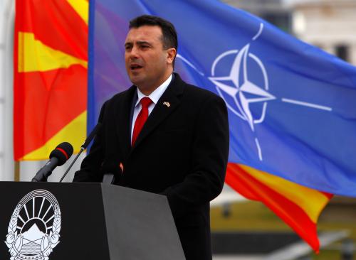 Macedonian Prime Minister Zoran Zaev speaks during the official ceremony of raising the NATO flag in front of the Macedonian government in Skopje, February 12, 2019. REUTERS/Ognen Teofilovski - RC141C49A6B0