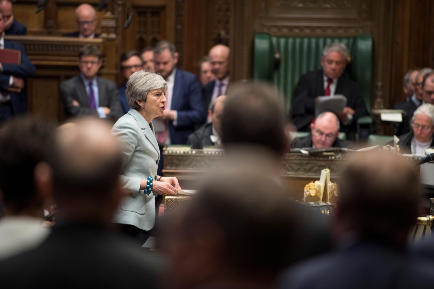British Prime Minister Theresa May speaks in Parliament in London, Britain March 25, 2019, ©UK Parliament/Mark Duffy/Handout via REUTERS  ATTENTION EDITORS - THIS IMAGE HAS BEEN SUPPLIED BY A THIRD PARTY. - RC15B0EDCC30