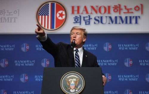 U.S. President Donald Trump holds a news conference after his summit with North Korean leader Kim Jong Un at the JW Marriott hotel in Hanoi, Vietnam, February 28, 2019. REUTERS/Leah Millis - RC12A6126010