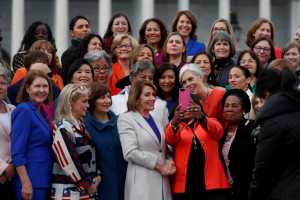 U.S. House Speaker Nancy Pelosi (D-CA) poses for a selfie during a photo opportunity with House Democratic women of the 116th Congress on Capitol Hill in Washington, U.S., January 4, 2019. REUTERS/Leah Millis??     TPX IMAGES OF THE DAY - RC1474F482B0
