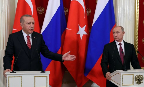 DATE IMPORTED: January 23, 2019 Russian President Vladimir Putin and his Turkish counterpart Tayyip Erdogan attend a news conference after their meeting at the Kremlin in Moscow, Russia January 23, 2019. Sputnik/Mikhail Klimentyev/Kremlin via REUTERS ATTENTION EDITORS - THIS IMAGE WAS PROVIDED BY A THIRD PARTY.