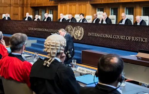 Members of the International Court of Justice attend a hearing for alleged violations of the 1955 Treaty of Amity, Iran vs U.S., in the court room of the International Court in The Hague, Netherlands August 27, 2018. REUTERS/Piroschka van de Wouw - RC16A59324C0