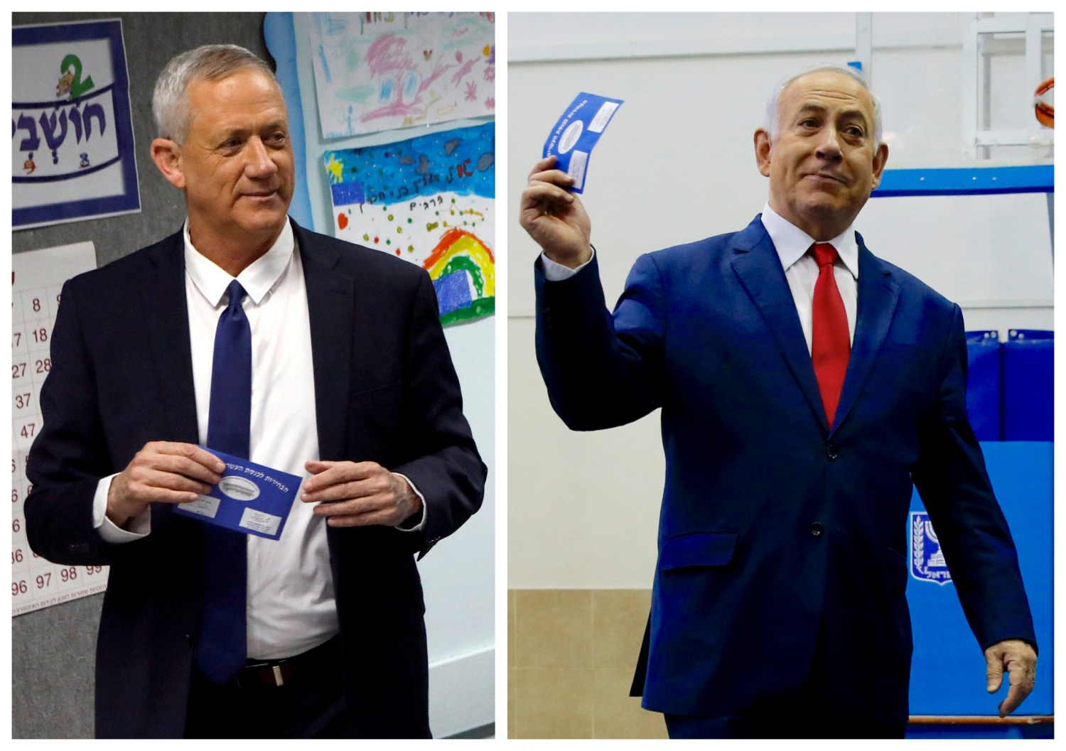 A combination picture shows Benny Gantz (left), leader of Blue and White party voting at a polling station in Rosh Ha'ayin and Israels Prime Minister Benjamin Netanyahu voting at a polling station in Jerusalem during Israel's parliamentary election April 9, 2019. REUTERS/Nir Elias, Ariel Schalit/Pool via REUTERS - RC122F5D90F0