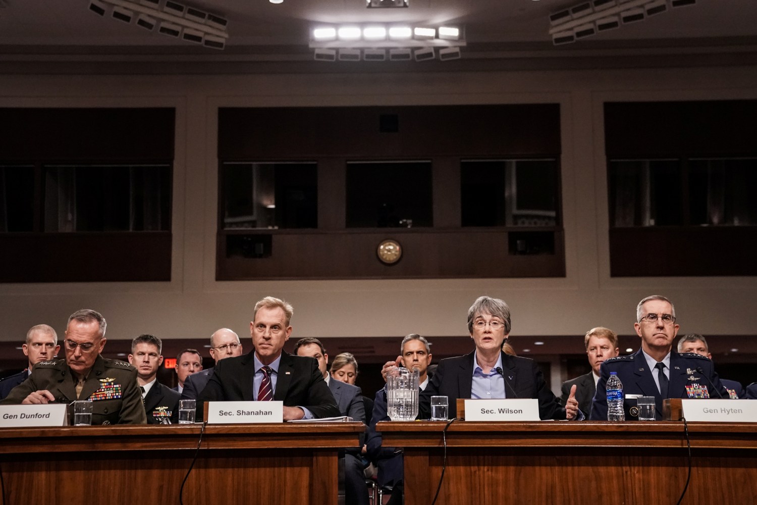 Chairman of the Joint Chiefs of Staff Gen. Joseph F. Dunford Jr., Acting Defense Secretary Patrick Shanahan, Secretary of the Air Force Heather Wilson and Air Force Gen. John E. Hyten testify at a Senate Armed Services hearing on the proposal to establish a U.S. Space Force, in Washington, U.S., April 11, 2019. REUTERS/Jeenah Moon - RC14348BC2E0