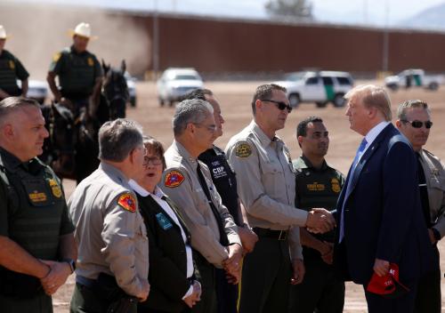 DATE IMPORTED:April 05, 2019U.S. President Donald Trump speaks with U.S. Border Patrol Agents and local law enforcement officers and sheriffs as he visits the U.S.-Mexico border in Calexico, California, U.S., April 5, 2019. REUTERS/Kevin Lamarque