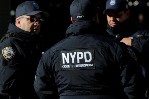 New York Police Department Counterterrorism Bureau members stand in Times Square to provide security ahead of New Year's Eve celebrations in Manhattan, New York, U.S., December 28, 2017. REUTERS/Andrew Kelly - RC142DBFBF70