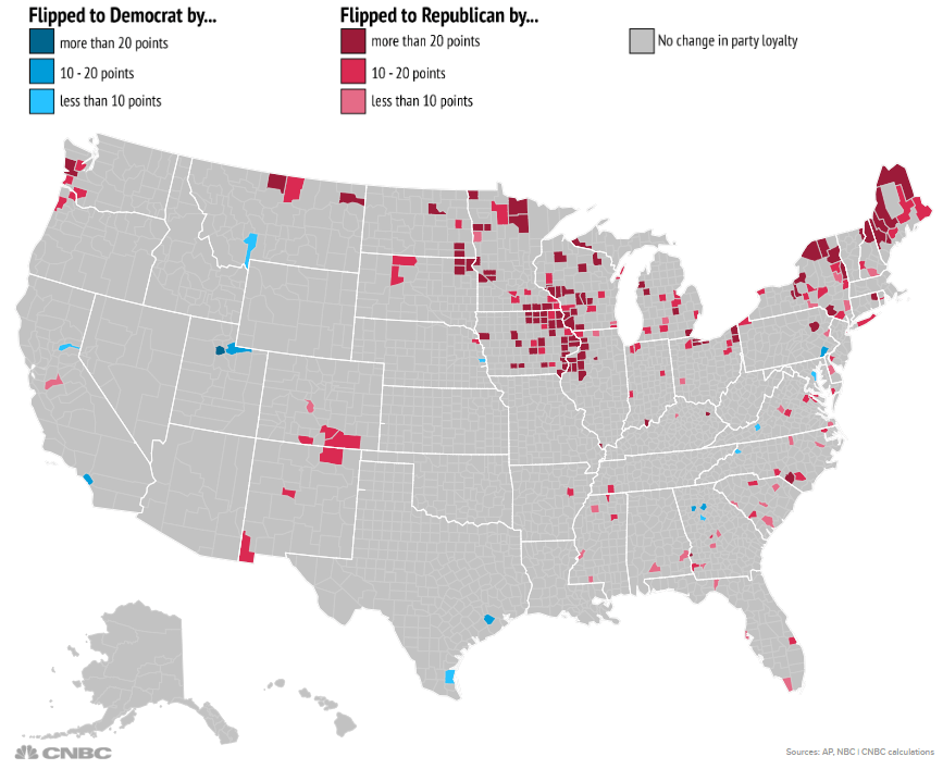Map by CNBC of county partisan swings in 2016, interactive version available at https://www.cnbc.com/heres-a-map-of-the-us-counties-that-flipped-to-trump-from-democrats/