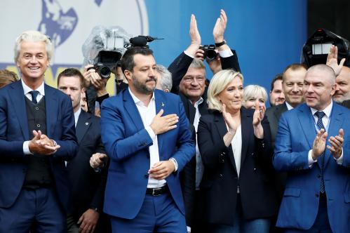 Geert Wilders, leader of Dutch party PVV (Party for Freedom), Italy's Deputy Prime Minister Matteo Salvini, Marine Le Pen, leader of French National Rally party, Veselin Mareshki, leader of Bulgarian party Volya (Will) attend a major rally of European nationalist and far-right parties ahead of EU parliamentary elections in Milan, Italy May 18, 2019. REUTERS/Alessandro Garofalo - RC194AF44C60