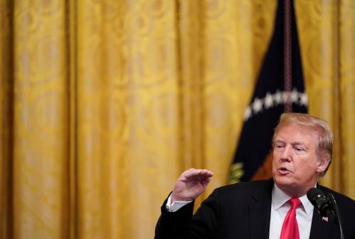 U.S. President Donald Trump speaks at a signing ceremony for an executive order linking "free speech" efforts at public universities to federal grants in the East Room at the White House in Washington, U.S., March 21, 2019. REUTERS/Joshua Roberts - RC195E751050