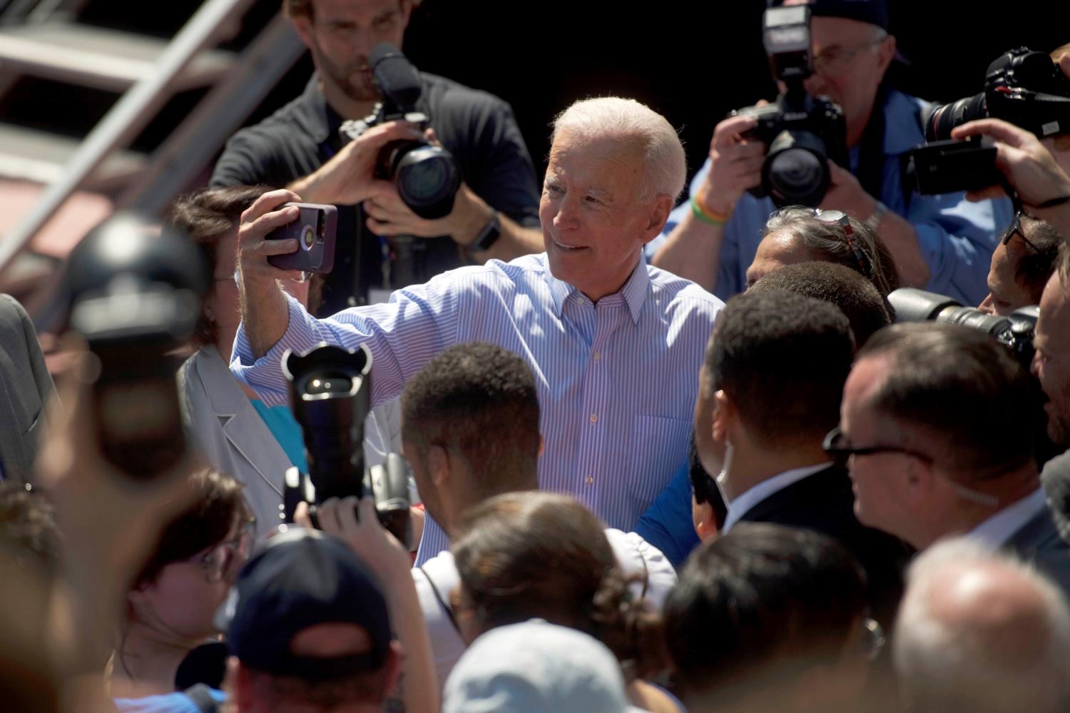 Democratic 2020 U.S. presidential candidate and former Vice President Joe Biden greets supporters after speaking during a campaign rally in Philadelphia, Pennsylvania, U.S., May 18, 2019. REUTERS/Mark Makela - RC18E1A0E4D0