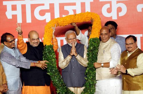 BJP President Amit Shah and Indian Prime Minister Narendra Modi react after the election results in New Delhi, India, May 23, 2019. REUTERS/Adnan Abidi     TPX IMAGES OF THE DAY - RC1CD1097150