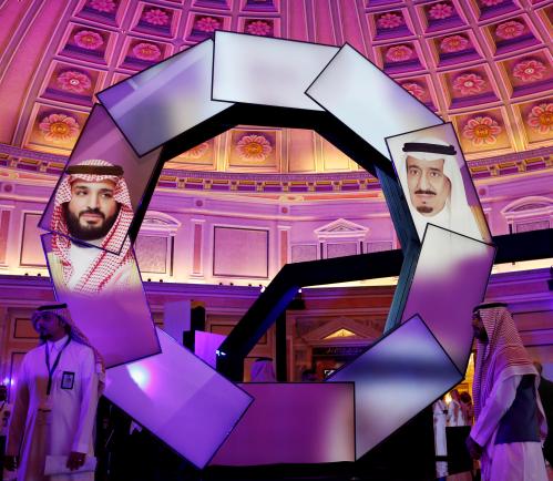 Pictures of Saudi Arabia's Crown Prince Mohammed bin Salman and Saudi Arabia's King Salman bin Abdulaziz are seen during the launching of National Industrial Development and Logistics Program (NIDLP) in Ritz-Carlton hotel in Riyadh, Saudi Arabia January 28, 2019. REUTERS/Faisal al-Nasser - RC196F7D4850