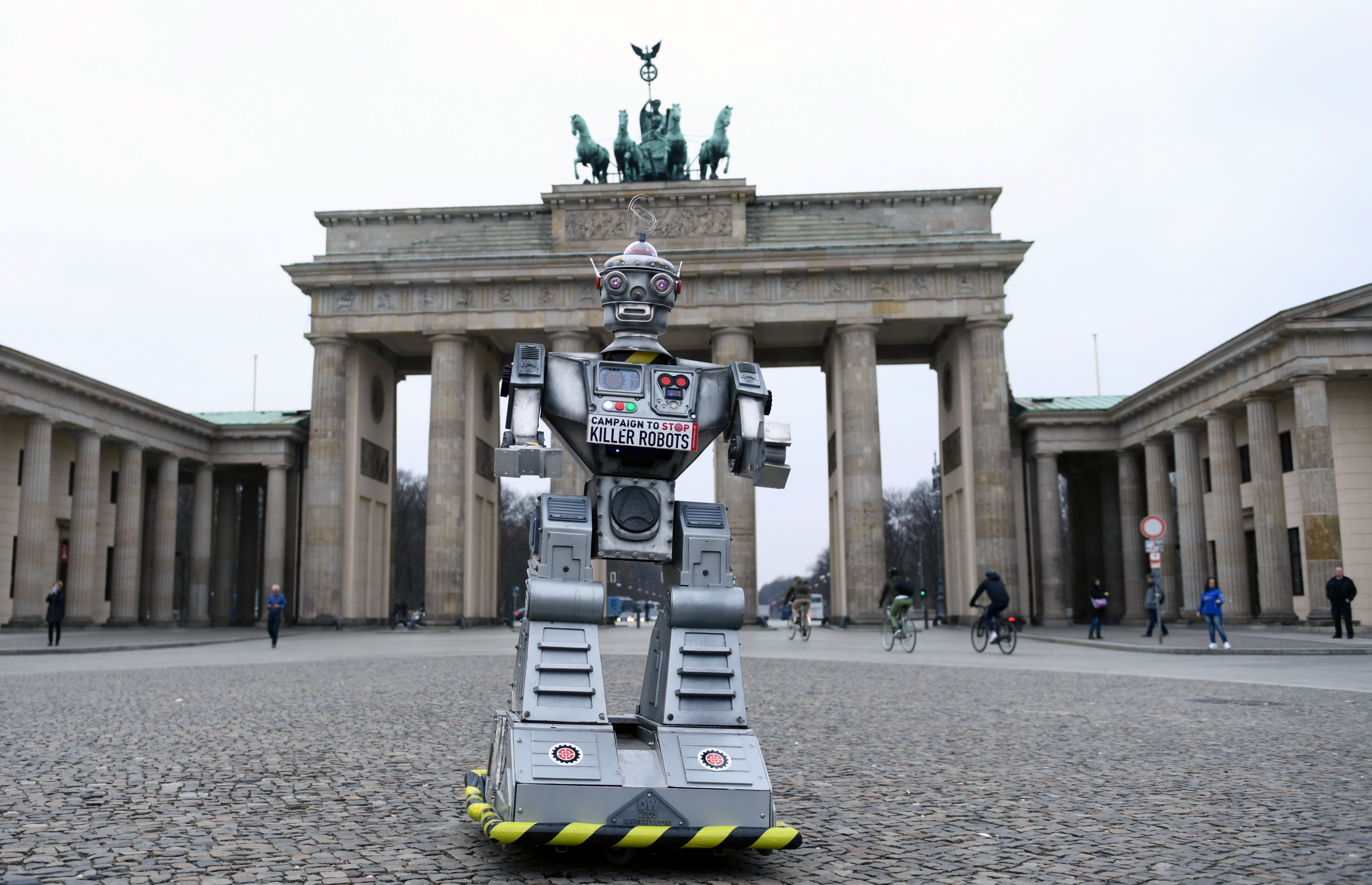 A robot is pictured as activists from the Campaign to Stop Killer Robots, a coalition of non-governmental organisations opposing lethal autonomous weapons or so-called 'killer robots', stage a protest at Brandenburg Gate in Berlin, Germany, March, 21, 2019. REUTERS/Annegret Hilse - RC1287E208A0