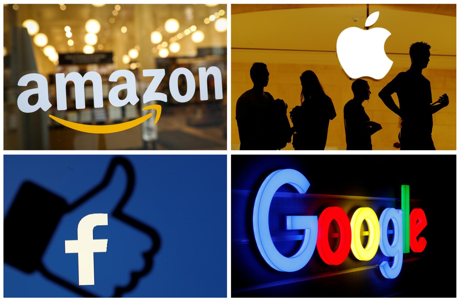 The logos of Amazon, Apple, Facebook and Google are seen in a combination photo from Reuters files.    REUTERS/File Photos - RC196FE450D0