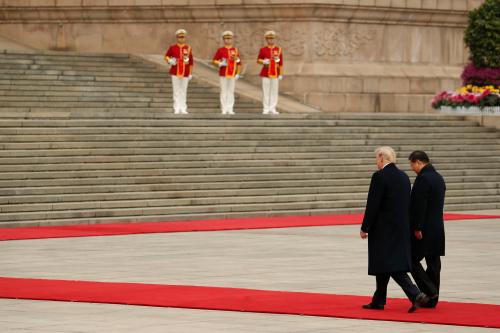 China's President Xi Jinping holds a welcome ceremony for U.S. President Donald Trump at the Great Hall of the People in Beijing, China November 9, 2017. REUTERS/Jonathan Ernst - RC1A35CB9F20