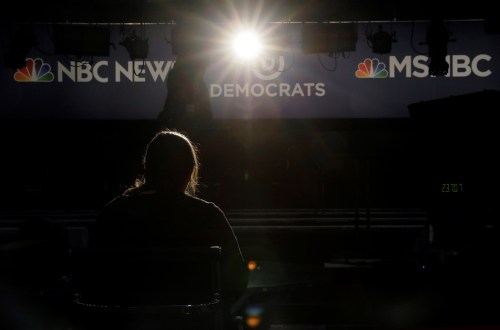 NBC News television technicians prepare for coverage of the first 2020 U.S. presidential election candidates debate, the day before 20 Democratic candidates begin a two night debate at the Adrienne Arsht Performing Arts Center in Miami, U.S. June 25, 2019.   REUTERS/Jim Bourg - RC1BD51E2040
