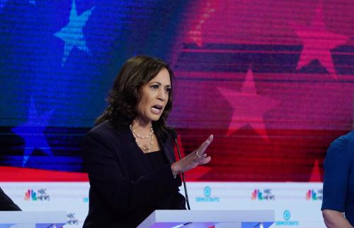 Senator Kamala Harris speaks during the second night of the first Democratic presidential candidates debate in Miami, Florida, U.S. June 27, 2019. REUTERS/Mike Segar - HP1EF6S09JQLS