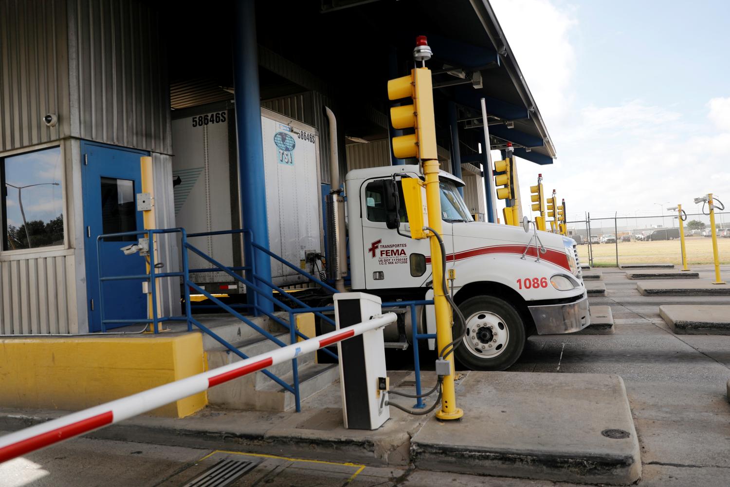 A truck is seen before crossing the borderline into Mexico at the World Trade Bridge, in Laredo, Texas U.S.