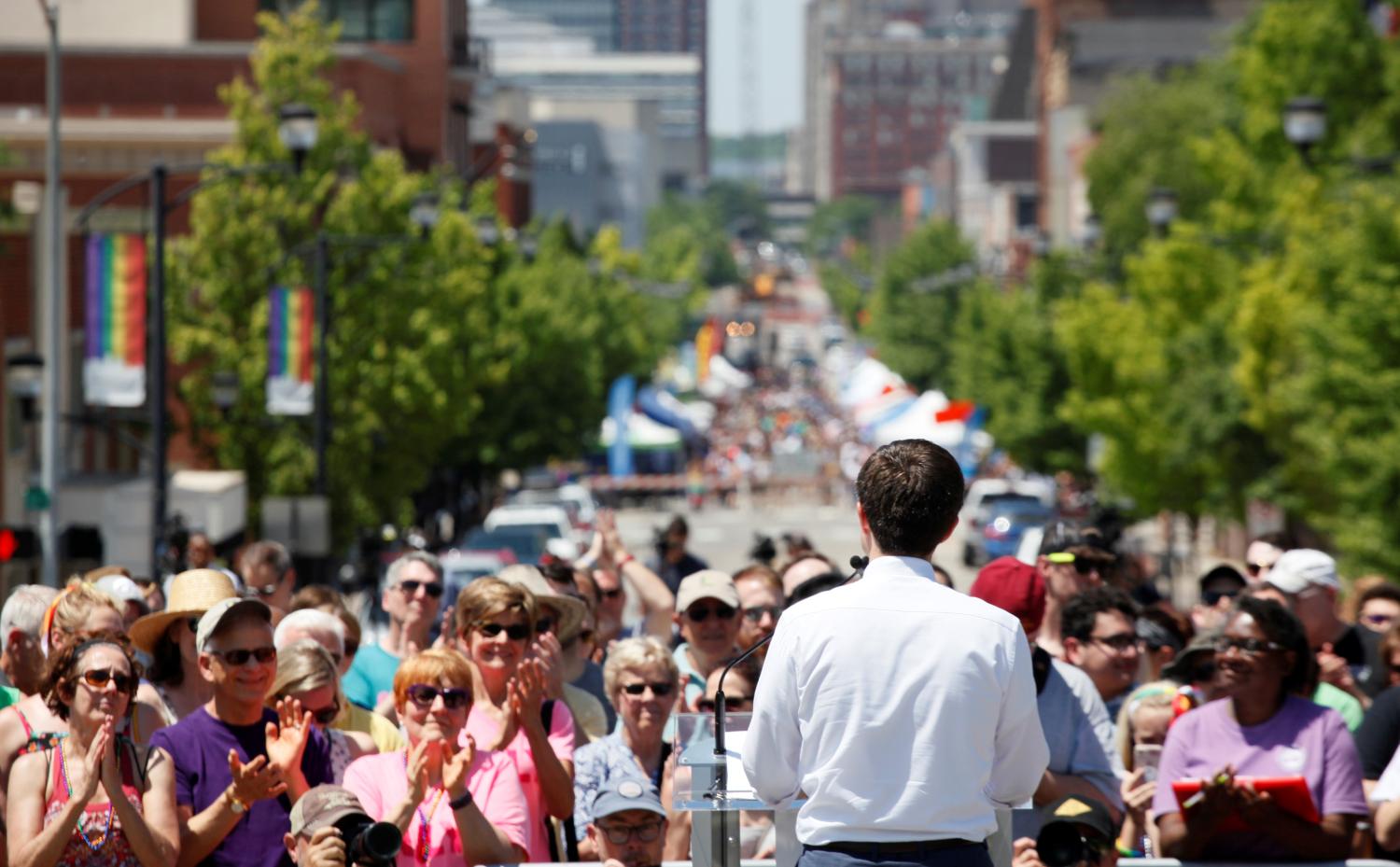 Democratic 2020 U.S. presidential candidate Mayor Pete Buttigieg, who is gay and married to another man, is applauded by the crowd as he speaks during the Capital Pride LGBTQ celebration at the Iowa State Capitol in Des Moines, Iowa, U.S. June 8, 2019   REUTERS/Brian C. Frank - RC124D383510