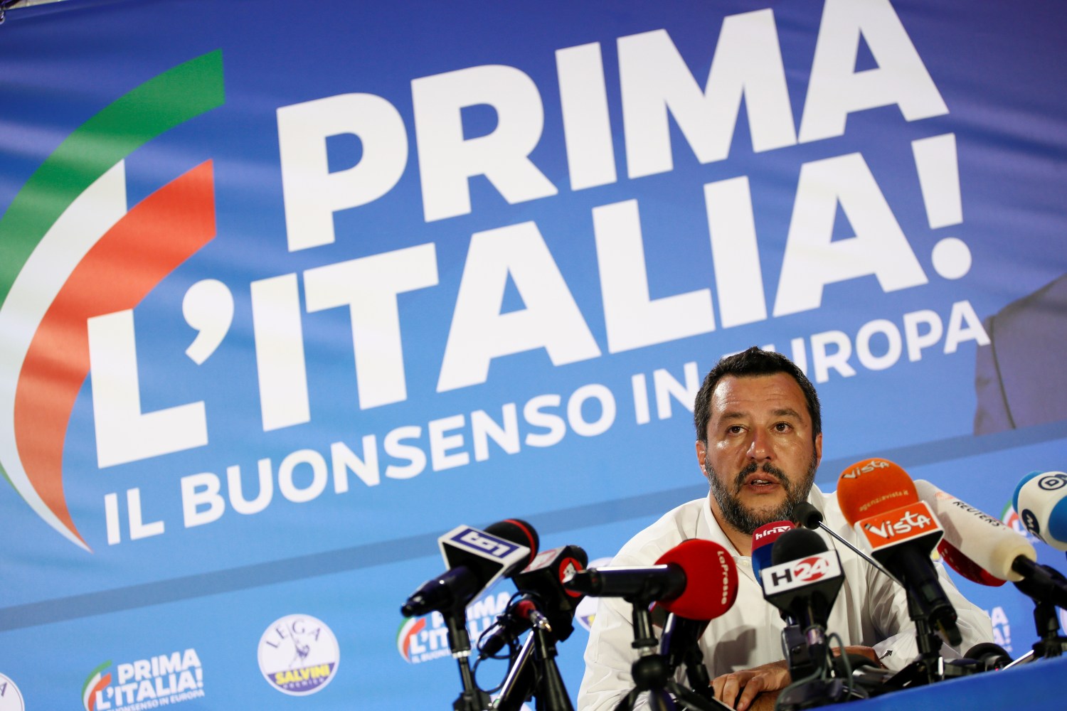 Italian Deputy Prime Minister and leader of far-right League party Matteo Salvini speaks during his European Parliament election night event in Milan, Italy, May 27, 2019. REUTERS/Alessandro Garofalo - RC1CD593CE00