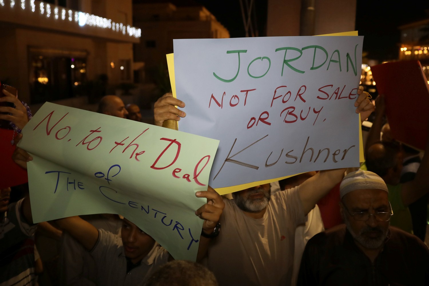 Members of the Muslim Brotherhood take part in a sit-in against the Senior White House Advisor Jared Kushner's visit to Jordan, near the U.S. Embassy, in Amman, Jordan, May 28, 2019. Picture taken May 28, 2019. REUTERS/Muhammad Hamed - RC16915627A0