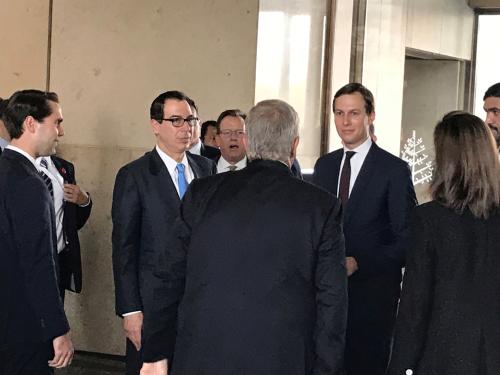 White House senior adviser Jared Kushner and Treasury Secretary Steven Mnuchin arrive at Manama's Four Seasons hotel, the venue for the U.S.-hosted "Peace to Prosperity" conference, in Manama, Bahrain, June 25, 2019.  REUTERS/Matt Spetalnick - RC12ABEFD000
