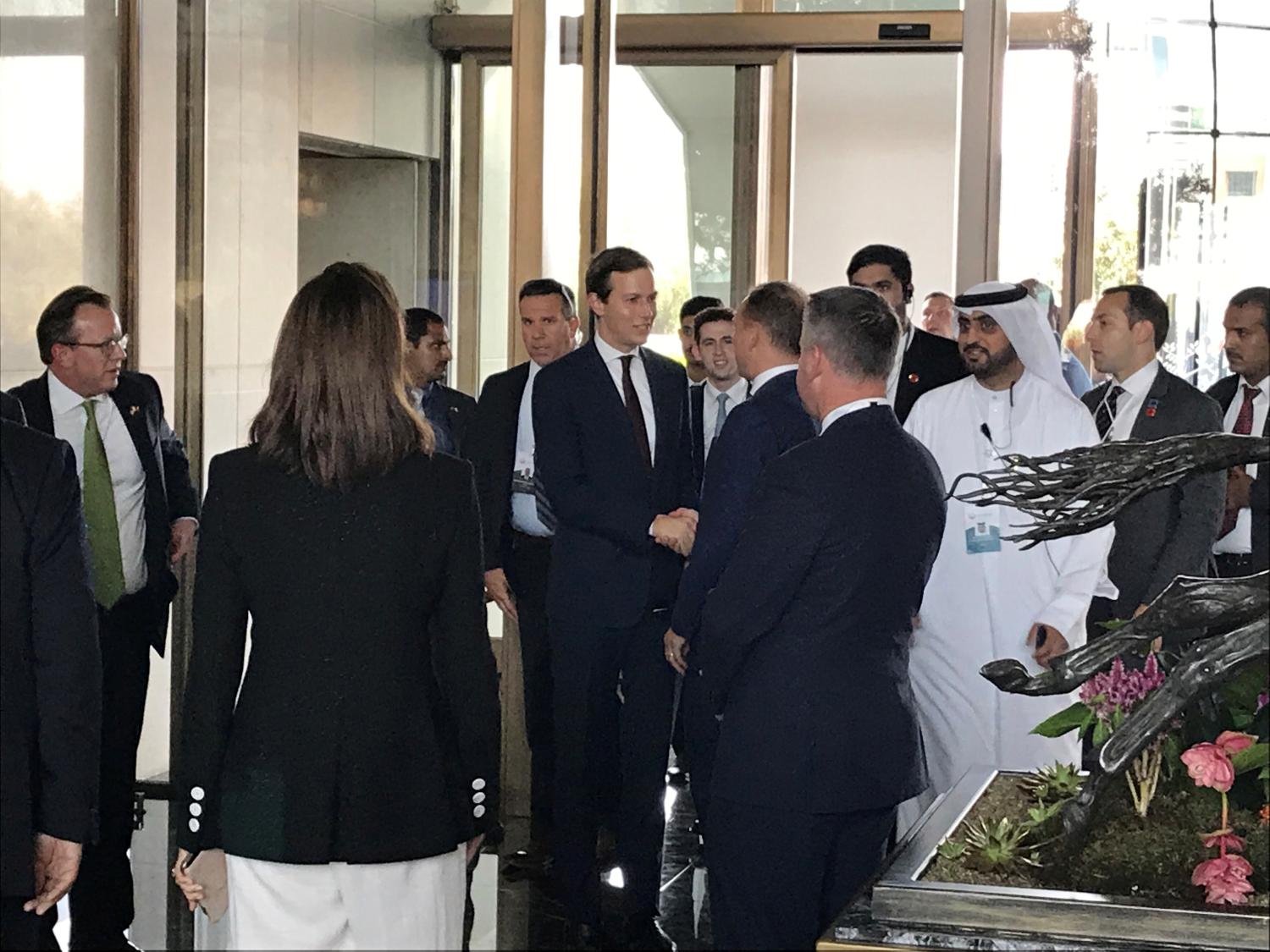 White House senior adviser Jared Kushner and Treasury Secretary Steven Mnuchin arrive at Manama's Four Seasons hotel, the venue for the U.S.-hosted "Peace to Prosperity" conference, in Manama, Bahrain, June 25, 2019.  REUTERS/Matt Spetalnick - RC1A6E554E00