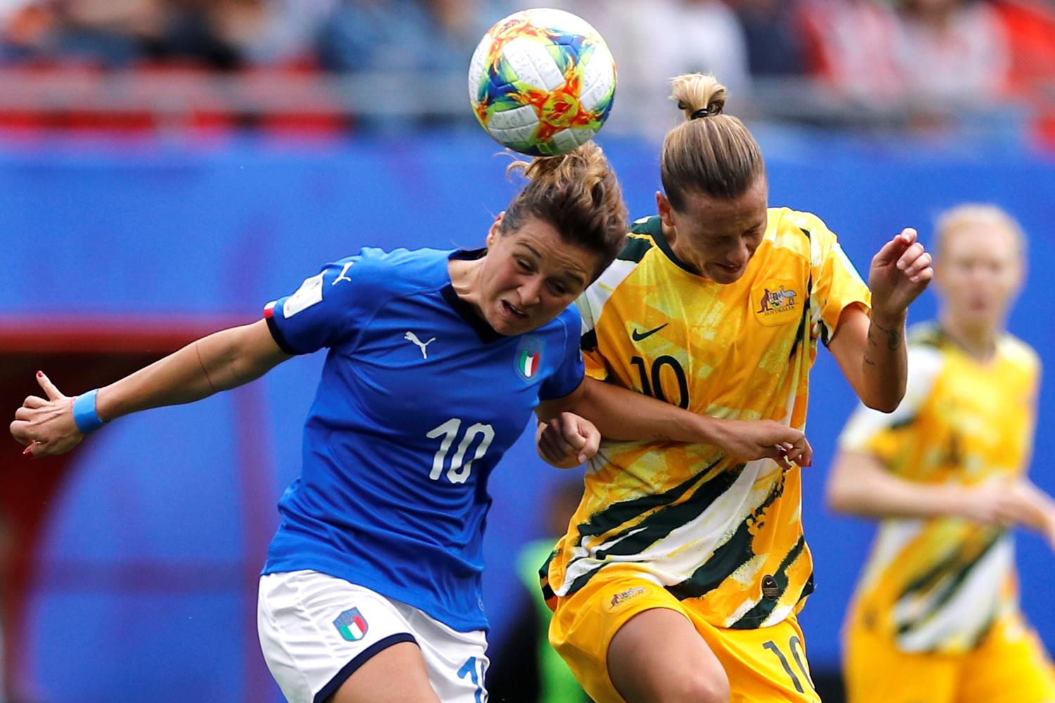 Soccer Football - Women's World Cup - Group C - Australia v Italy - Stade du Hainaut, Valenciennes, France - June 9, 2019  Italy's Cristiana Girelli in action with Australia's Emily Van Egmond   REUTERS/Phil Noble - RC1948740BE0