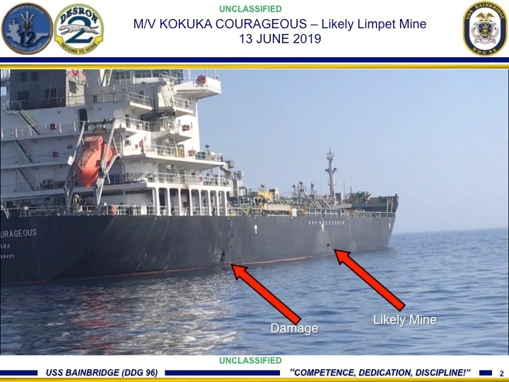 A picture released by U.S. Central Command shows damage from an explosion (L) and a likely limpet mine, on the hull of the civilian vessel M/V Kokuka Courageous in the Gulf of Oman in the Arabian Sea, in waters between Gulf Arab states and Iran, June 13, 2019. Picture taken June 13, 2019. U.S. Navy/Handout via REUTERS ATTENTION EDITORS- THIS IMAGE HAS BEEN SUPPLIED BY A THIRD PARTY. - RC16BDFEB1C0