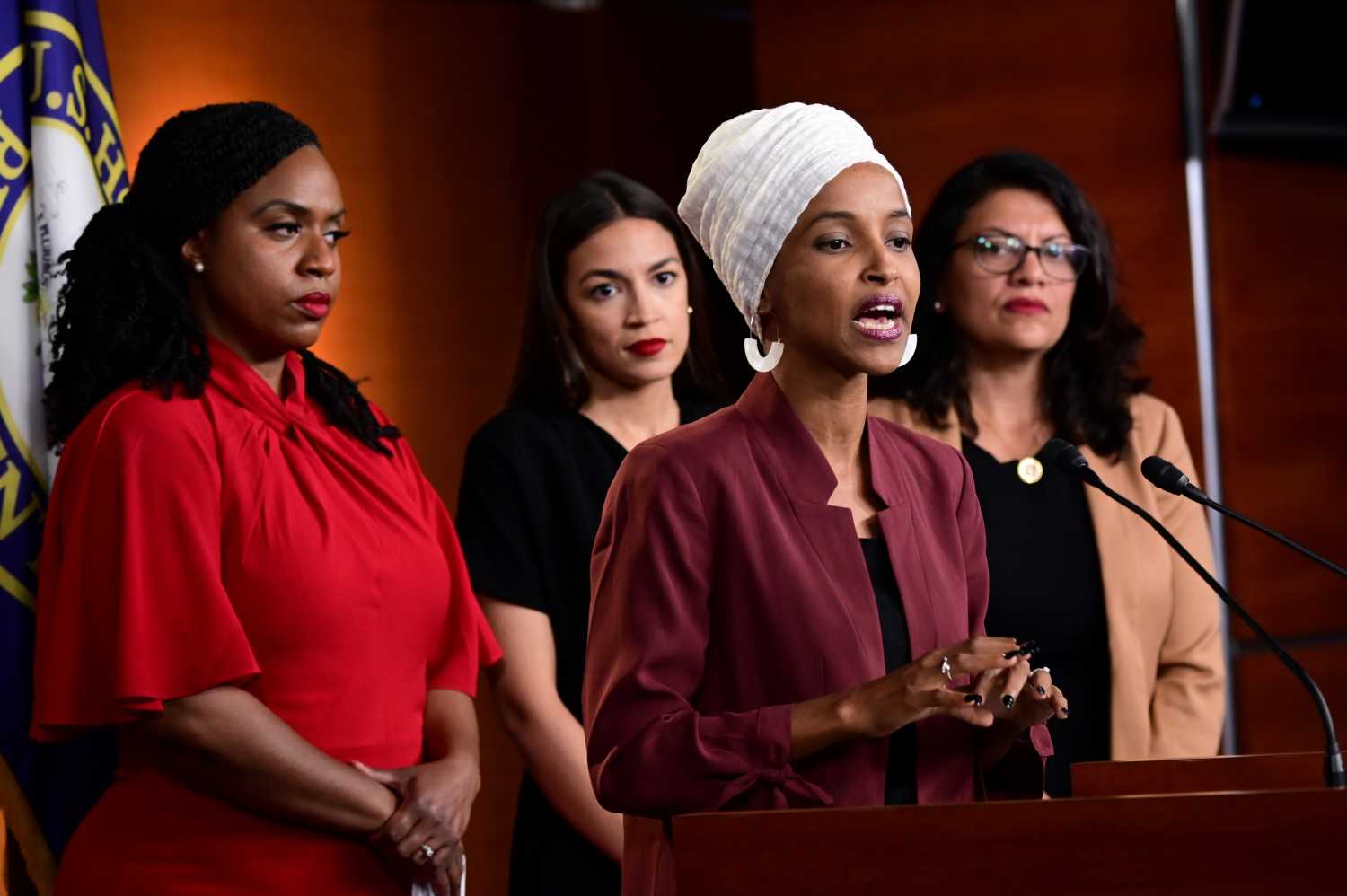U.S. Reps Ayanna Pressley (D-MA), Ilhan Omar (D-MN), Alexandria Ocasio-Cortez (D-NY) and Rashida Tlaib (D-MI) hold a news conference after Democrats in the U.S. Congress moved to formally condemn President Donald Trump's attacks on the four minority congresswomen on Capitol Hill in Washington, U.S., July 15, 2019. REUTERS/Erin Scott - RC11EF17C500