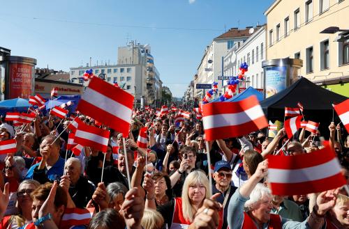 Supporters of the FPOe Freedom Party attend the final European election rally in Vienna, Austria May 24, 2019. REUTERS/Leonhard Foeger - RC11F726B360