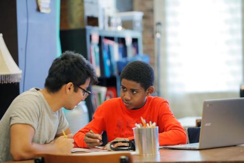 Students take part in after school programs at the educational nonprofit 826NYC in the back of the Brooklyn Superhero Supply Co. store in the Brooklyn borough of New York, U.S., March 28, 2019.  Picture taken March 28, 2019. REUTERS/Lucas Jackson - RC181DE063E0