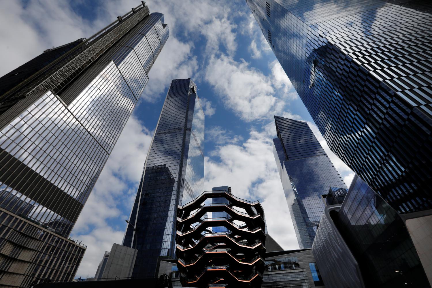 The Hudson Yards development on Manhattan's West side, which will have more than 18 million square feet of commercial and residential space and 14 acres of public parks and gardens including "The Vessel" (C) is seen New York City, New York, U.S., March 12, 2019. REUTERS/Mike Segar - RC1DF81C4870