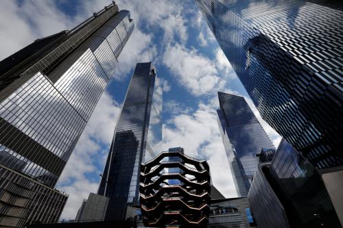 The Hudson Yards development on Manhattan's West side, which will have more than 18 million square feet of commercial and residential space and 14 acres of public parks and gardens including "The Vessel" (C) is seen New York City, New York, U.S., March 12, 2019. REUTERS/Mike Segar - RC1DF81C4870